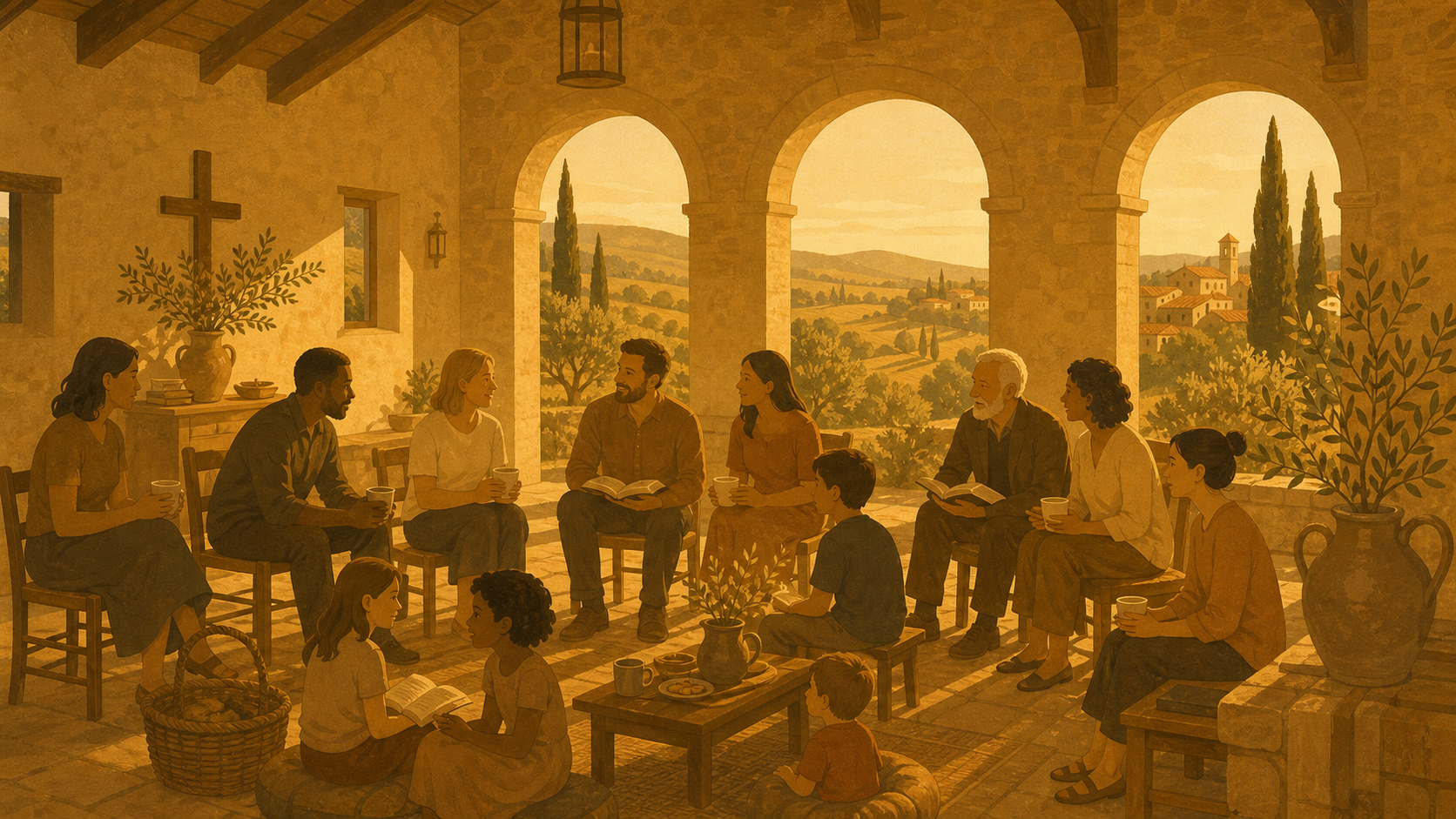 Adults and children sharing fellowship and Bible study in an Italian courtyard
